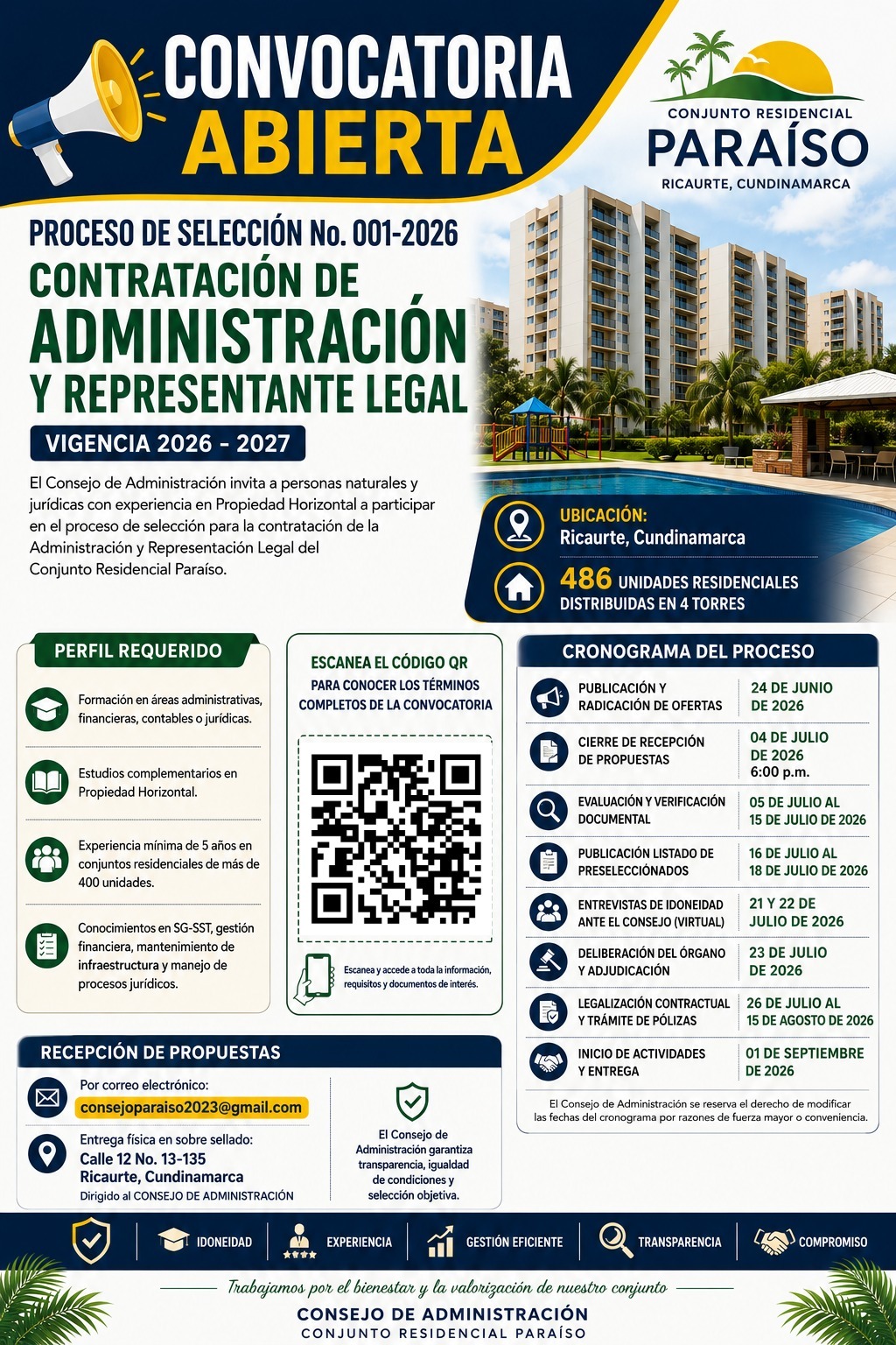 Convocatoria abierta para contratación de administración y representante legal